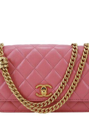 Chanel WOC Shiny Quilted Lambskin Leather Wallet On Chain Pink
